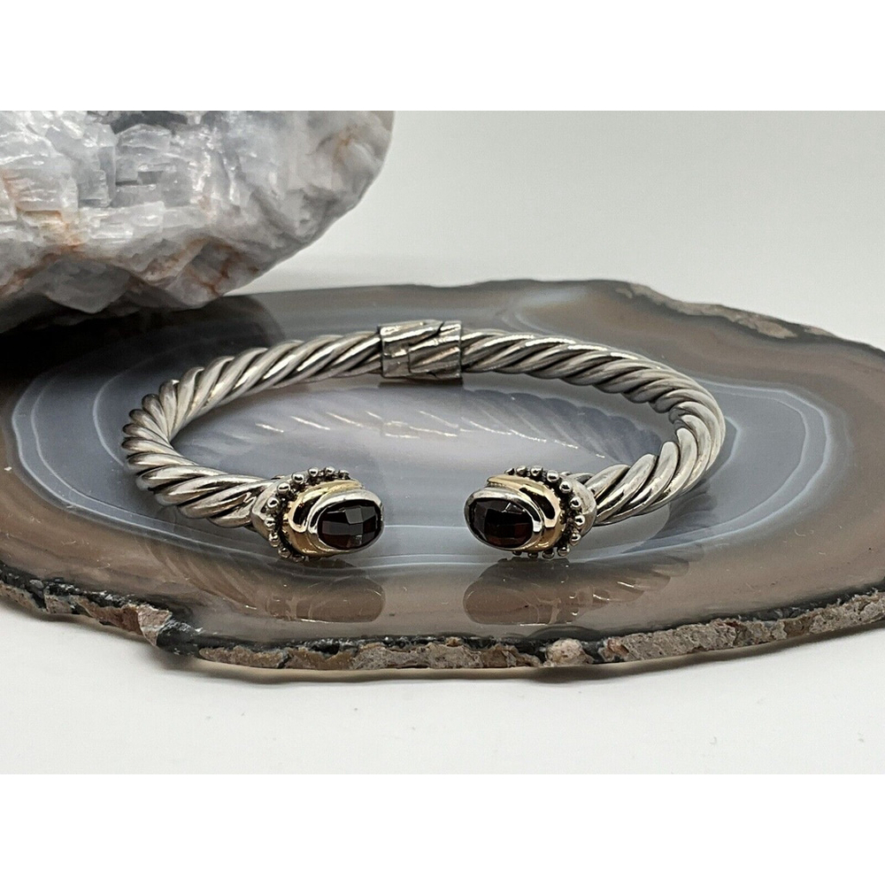 Samuel Benham BJC Sterling Silver & 14K Gold HINGED Garnet Cuff Bracelet